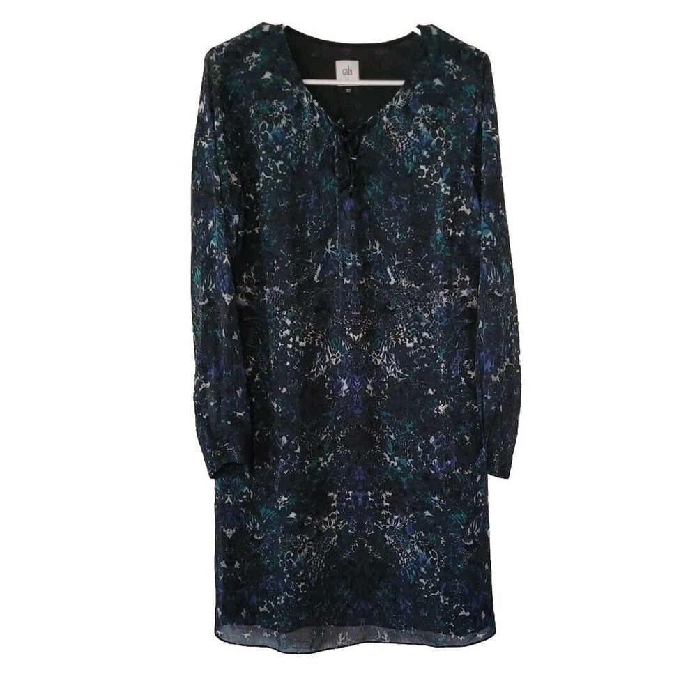 CABI Small Noel Dress style 3339 Eternity Lace Up Damask Sheer Long Sleeve Blue